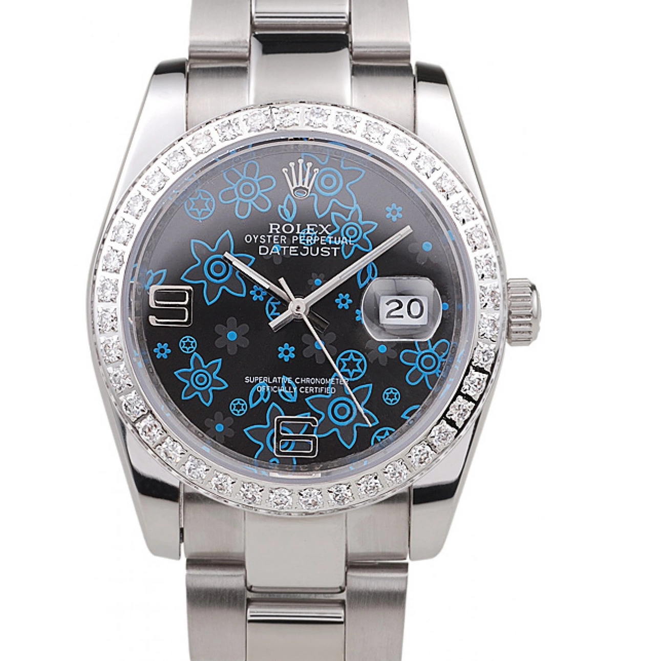 Good copy rolex watches Dial Diamond Datejust Polished Plated Blue Dark Flowers Steel Rolex Stainless 0818